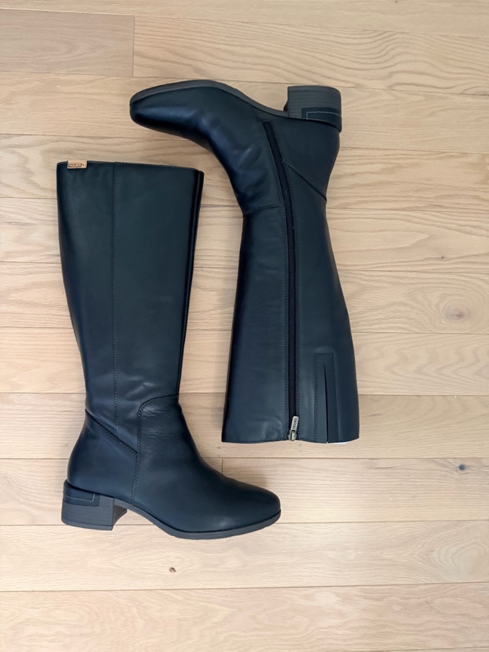 Pikolinos Malaga Classic Black Leather Zip Up Block Mid Heel Tall Boots New